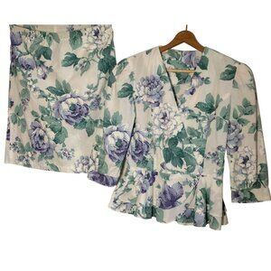 Vintage Size 10 Skirt And Shirt Outfit Set White Purple Peony Floral Peplum Top